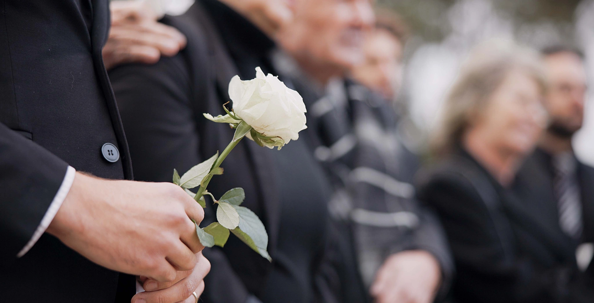 Hand holding white rose at funeral